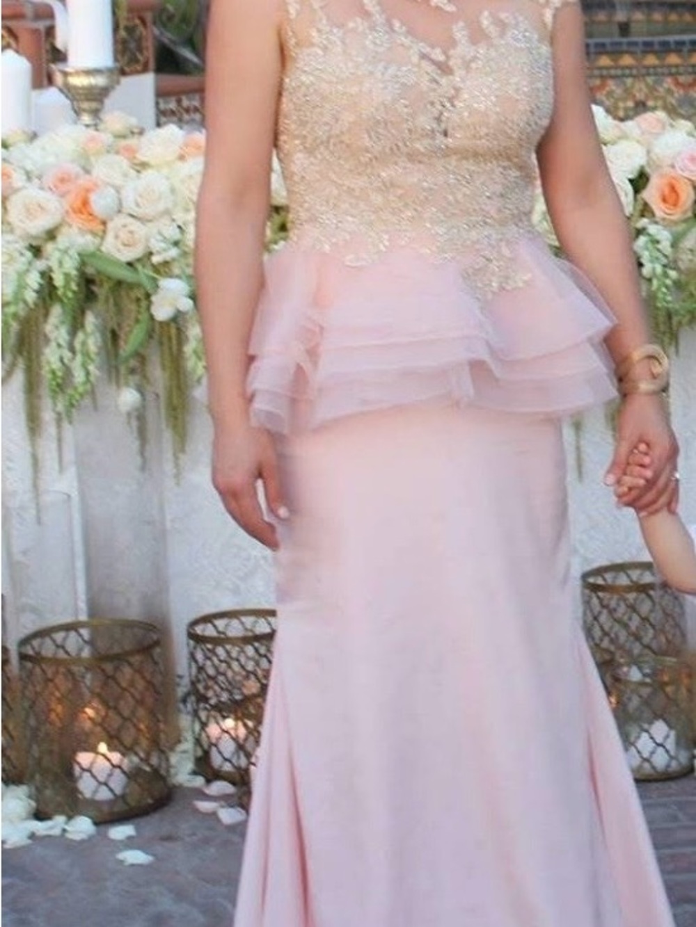 Mac Duggal Blush Pink Lace Peplum Gown